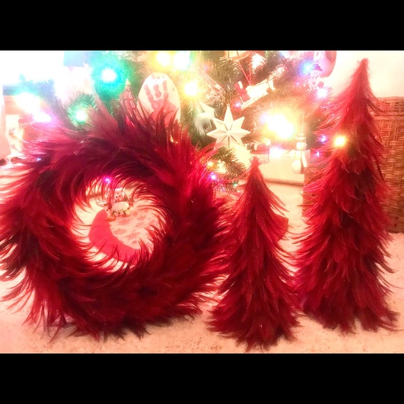 better homes and gardens Christmas red feather wreath and trees lightweight - Picture 2 of 8